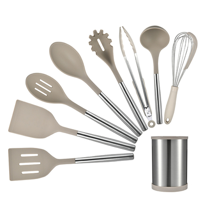 9pcs Silicone Keukengerei Set Nonstick Kookgerei met roestvrijstalen handvat Turner Tong,Spatula,Lepel borstel